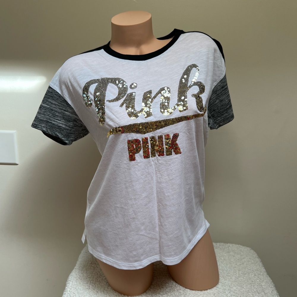 Victoria’s Secret Pink Tee Shirt Top with Gold Silver Ombré Sequins Bling S XS